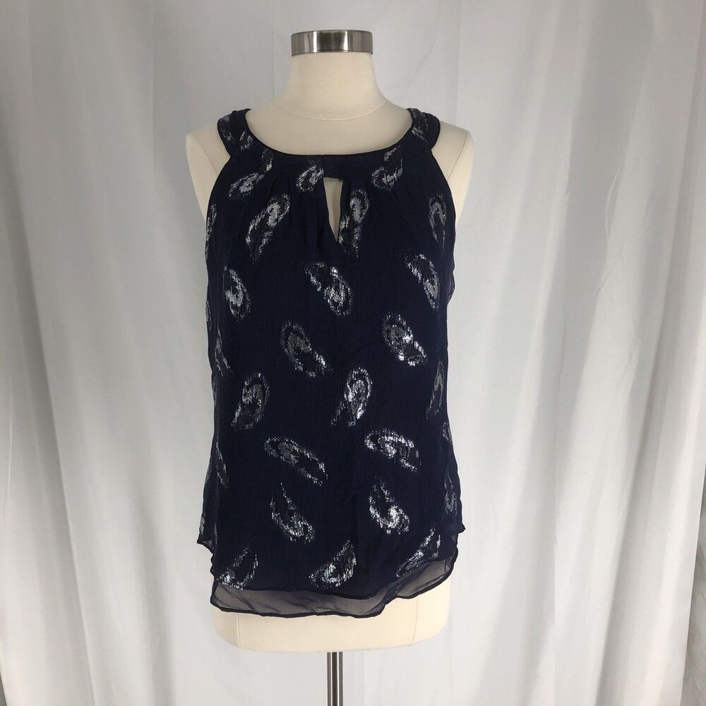White House Black Market Silk Sleeveless Feather Jacquard Top Blue Silver Medium